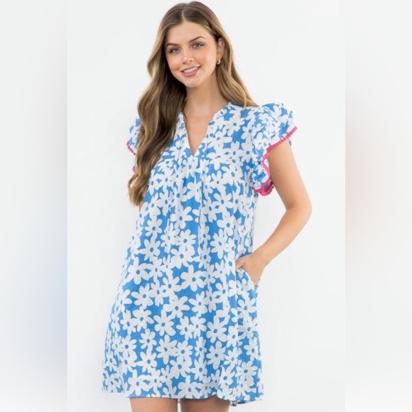 THML,Flower Print Ruffle-Sleeve Dress, Blue/White/Coral,Excellent Cond,Size Lrg - Picture 4 of 15